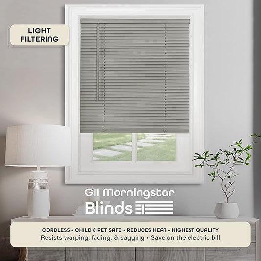 Cordless Light Filtering Mini Blind - 32 Inch Width, 64 Inch Length, 1" Slat Size - Grey - Cordless GII Morningstar Horizontal Windows Blinds for Interior by Achim Home Decor