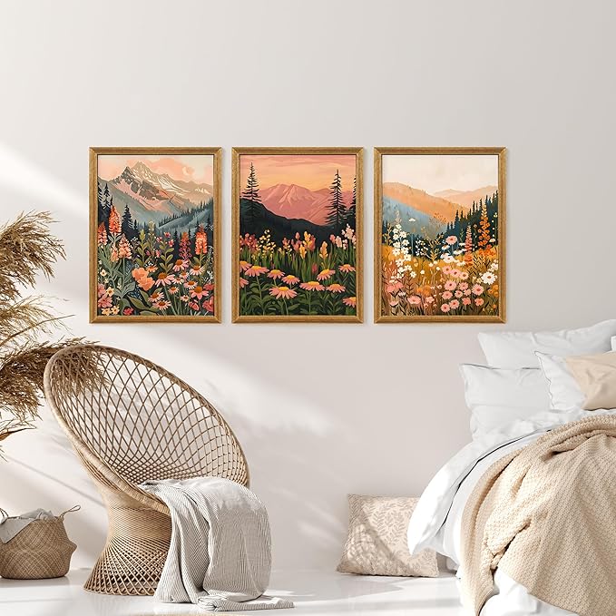 ICHZUMW Framed Boho Abstract Landscape Mountain and Floral Canvas Wall Art Set of 3, Colorful Nature Botanical Paintings Artwork, Large Wildflower Wall Decor for Living Room Bedroom Office, 12x16in