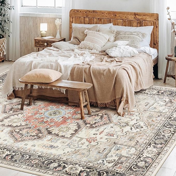 Area Rug 10x14 for Living Room, Medallion Printed Ultra-Thin Soft Large Carpet, Oriental Non Slip Big Washable Fade Stain Resistant Rugs for Bedroom Dining Room Home Office Decor