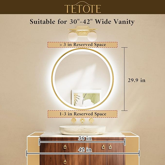 TETOTE Gold Round Led Mirror with Lights 30 Inch Metal Framed Round Circle Lighted Bathroom Vanity Mirror Wall Mounted, Front and Backlit 3 Color Stepless Dimmable Anti Fog, Shatterproof, CRI 90+