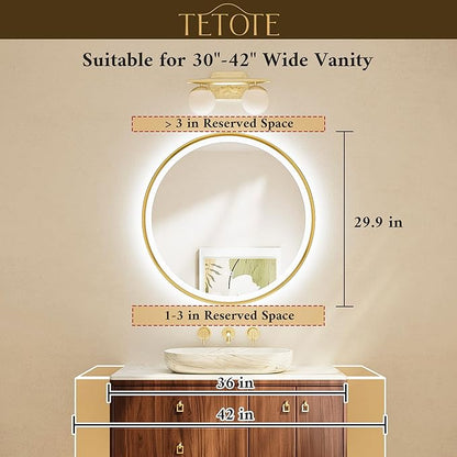 TETOTE Gold Round Led Mirror with Lights 30 Inch Metal Framed Round Circle Lighted Bathroom Vanity Mirror Wall Mounted, Front and Backlit 3 Color Stepless Dimmable Anti Fog, Shatterproof, CRI 90+