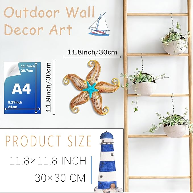POXOHO Starfish Outdoor Wall Decor, 12" Outdoor Fence Wall Art Decor, Hanging Metal & Glass Sculpture for Garden Fence Patio(Apricot)