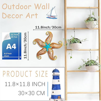 POXOHO Starfish Outdoor Wall Decor, 12" Outdoor Fence Wall Art Decor, Hanging Metal & Glass Sculpture for Garden Fence Patio(Apricot)