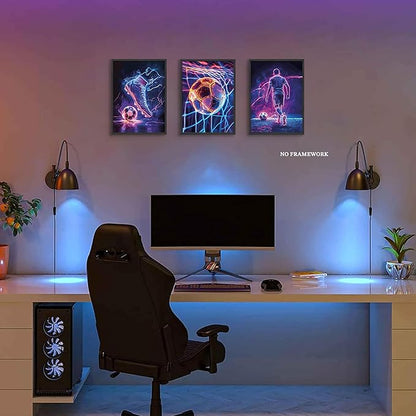 BGFCE Cool Soccer Gaming Wall Art Posters Set of 3, Neon Video Gamer Canvas Pictures, Colorful Soccer Game Painting Prints for Boys Room, Gaming Room Decor for Kids Gamer Room 12x16 inch Unframed