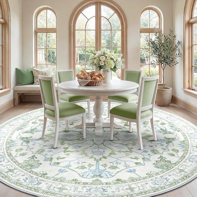 RELEANY Area Rugs Round 10ft Washable Non-Slip, Floral Vintage Distress Print Pattern Medallion Carpet for Living Room Bedroom Dining Room, Green White Blue