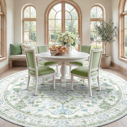 RELEANY Area Rugs Round 8ft Washable Non-Slip, Floral Vintage Distress Print Pattern Medallion Carpet for Living Room Bedroom Dining Room, Green White Blue