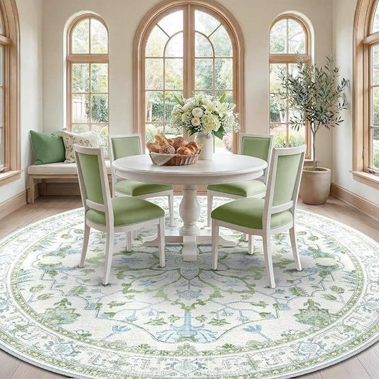RELEANY Area Rugs Round 8ft Washable Non-Slip, Floral Vintage Distress Print Pattern Medallion Carpet for Living Room Bedroom Dining Room, Green White Blue