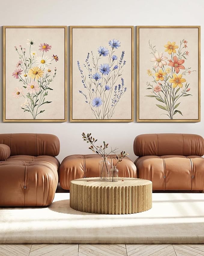Drsoum Vintage Flower Bouquet Wall Art Framed Retro Bohemian Boho Colorful Floral Plant Rustic Artwork Nature Botanical Wildflower Prints Bedroom Living Room Ready to Hang 24x36in Natural Framed
