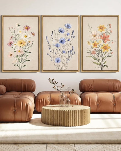 Drsoum Vintage Flower Bouquet Wall Art Framed Retro Bohemian Boho Colorful Floral Plant Rustic Artwork Nature Botanical Wildflower Prints Bedroom Living Room Ready to Hang 24x36in Natural Framed