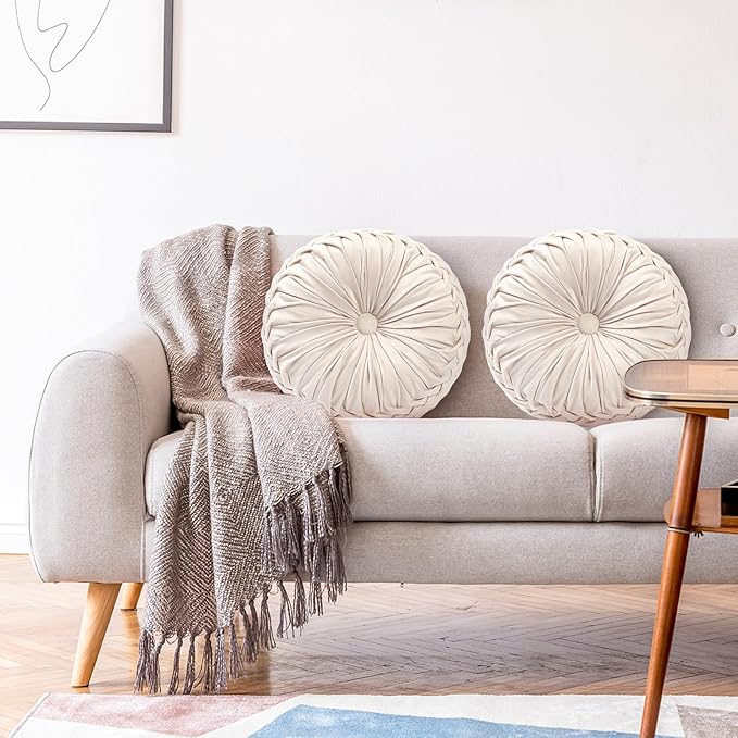 Beeveer 3 Pcs Round Throw Velvet Pillows Classy Accent Pumpkin Throw Pillows 15 Inch Decorative Cushion for Couch Chair Bed Car, 2 Styles (White)