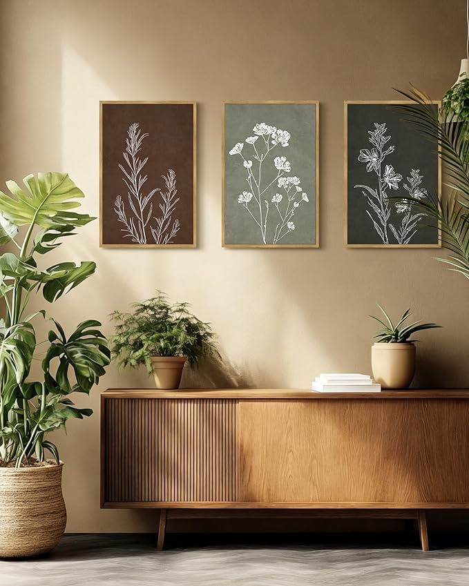 Drsoum Vintage Botanical Flower Boho Framed Wall Art Retro Floral Prints Wildflower Bohemain Neutral Rustic Artwork Kitchen Bedroom Ready to Hang 16x24in Natural Framed