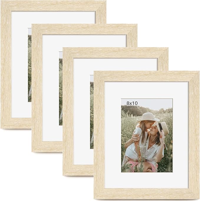 Momentworth 8x10 Picture Frame with Mat for 5x7 Set of 4, Natural Wood Grain 8 x 10 Gallery Wall Picture Frames for Tabletop or Wall Mounting(4 Pack, Natural)