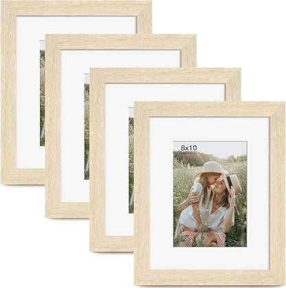Momentworth 8x10 Picture Frame with Mat for 5x7 Set of 4, Natural Wood Grain 8 x 10 Gallery Wall Picture Frames for Tabletop or Wall Mounting(4 Pack, Natural)
