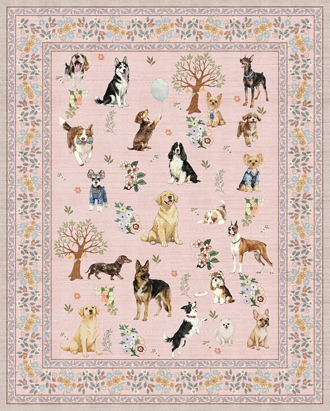 Pink Living Room Rugs 5x7, Dogs Area Rugs for Bedroom Ultra-Thin Soft, Non-Slip Washable Rugs Stain Resistant Boho Rug Low-Pile Throw Rug for Dining Room Office (5 x 7, Pink)