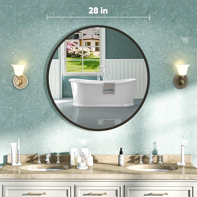NEWBULIG Round Bathroom Mirror for Over Sink, 28 Inch Wall Mount Vanity Circle Mirror with Matte Metal Framed, Decor for Bathroom, Entryway, Bedroom, Black