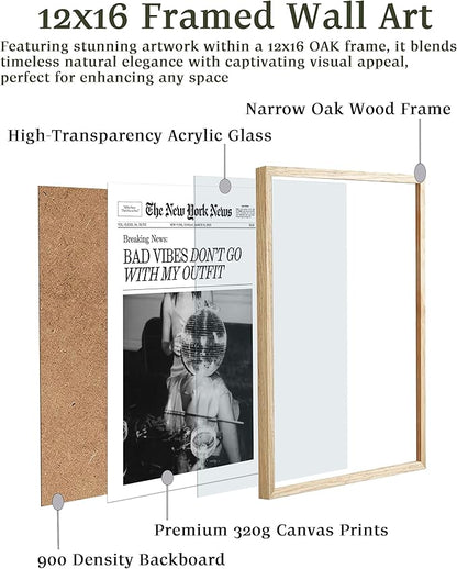 EcoHest Trendy Newspaper Magazine Framed Wall Art, 12x16 in OAK Wood Bad Vibes Don't Go With My Outfit Disco Bar Canvas Wall Art, Preppy Retro Home Decor For Bedroom Living Room 1Pack