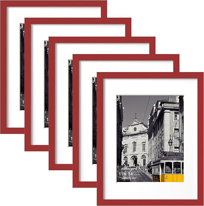 eletecpro 11x14 Picture Frames Set of 5, Gallery Wall Frame Display 8x10 Photo with Mat or 11x14 without Mat, Picture Frame Collage Wall Decor for Wall Mounting, Red