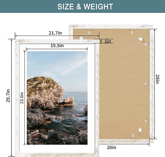 iRahmen 20x28 Poster Frame with 16x24 Mat - Plexiglass Wooden Picture Frames for Photo Wall Gallery Mounting (Distressed-White, Set of 2)