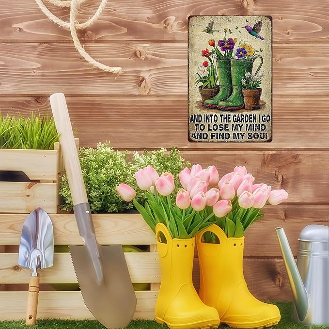 Garden Metal Signs “And Into The Garden I Go To Lose My Mind And Find My Soul” - Vintage Hummingbird Tin Sign for Outdoor, Yard Art & Gardening Gift 8x12 Inch