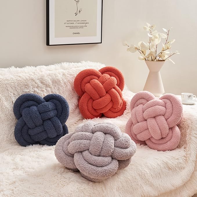Knot Pillow, 12" Soft Decorative Throw Pillows for Couch Bed, Gray Pink Knotted Plush Throw Pillow Handmade Square Cushion Home Decor Pillows (Grey, 12 Inches X12 Inches)