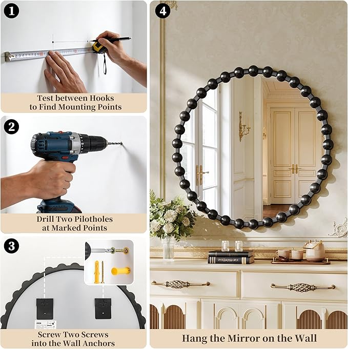 Round Vanity Mirror with Beaded Frame, 28 Inch Circle Wall Mirror for Bedroom Dresser, Entryway, Bathroom, Living Room, Decorative Hanging Wall Mirror, Black