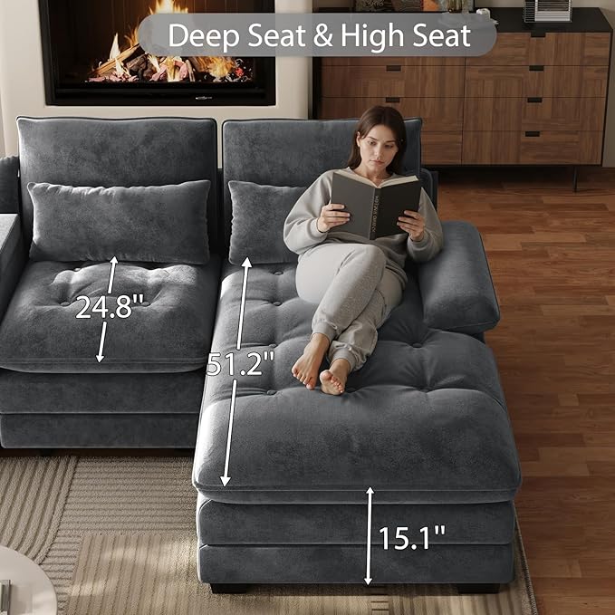 134" U Shaped Sectional Couches for Living Room,Modern Chenille 6 Seat Living Room Sofa Set with Storage Console,Oversized Modular Sectional Fluffy Couch with Tufted Buttons & Chaise Lounge,Grey