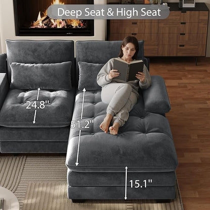 134" U Shaped Sectional Couches for Living Room,Modern Chenille 6 Seat Living Room Sofa Set with Storage Console,Oversized Modular Sectional Fluffy Couch with Tufted Buttons & Chaise Lounge,Grey