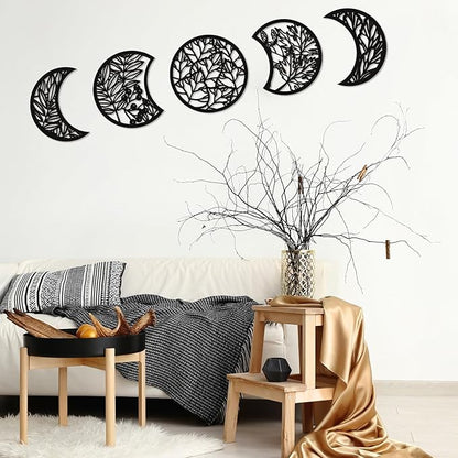 Jetec 5 Pcs Moon Phase Wall Art Decor Wall Pediments Hanging Wooden Phase Spiritual Bedroom Nordic Boho Lunar Aesthetic Art for Living Room Dorm Apartment Ornament(Dark Black,15.75 Inch,Botanical)