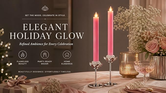 Flameless Taper Candles Flickering with Remote and Timer, 3D Moving Flame Taper Candle Battery Operated to 400 Hours, 9 Inch Window Candles, (Pink-Vertical Stripes)