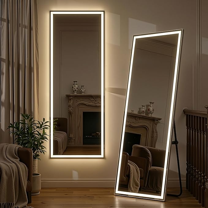 Full Length Mirror with Lights, 71" x 26" LED Floor Mirror, Full Body Dressing Standing Mirrors with Dimming & 3 Color Lighting, Hanging Mounted Mirrors for Living Room Bedroom Cloakroom
