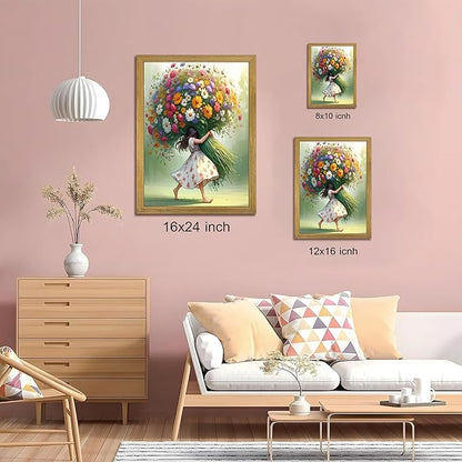 Wood Framed Pink Wildflower Canvas Wall Art, Girl Hugging Flowers Poster Prints Paintings, Teen Girls Preppy Bedroom Decor, Green Room laesthetic Picture for Kids Room Hallway Living Room 16x24 Inch