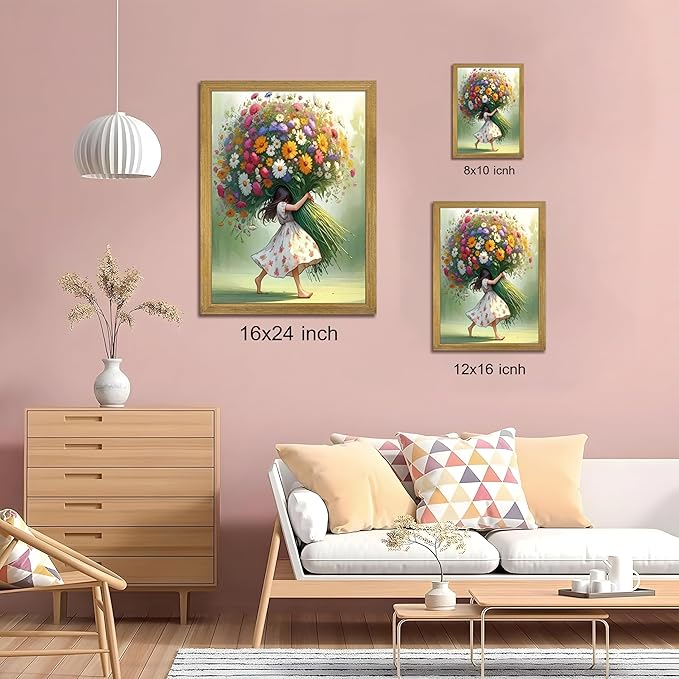 Wood Framed Pink Wildflower Canvas Wall Art, Girl Hugging Flowers Poster Prints Paintings, Teen Girls Preppy Bedroom Decor, Green Room laesthetic Picture for Kids Room Hallway Living Room 12x16 Inch