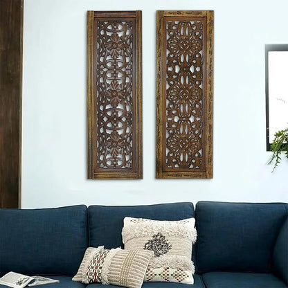 Floral Hand Carved Wooden Wall Panels Set of 2, Rustic Brown Decorative Wall Art for Living Room, Bedroom, Hallway & Home Décor, Vintage Rustic Finish Handmade Wooden Hanging Panels