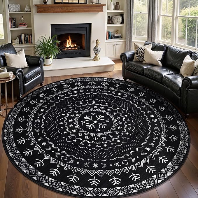 SERISSA Round Area Rug, 8ft Washable Non-Slip Black and White Boho Circle Rug, Soft Low-Pile Geometric Indoor Large Circular Carpet for Bedroom Entryway Living Room Dining Room