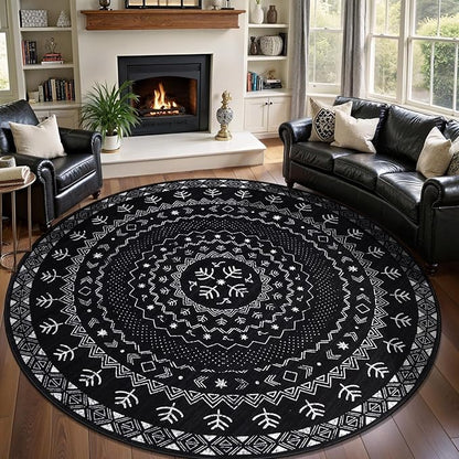 SERISSA Round Area Rug, 8ft Washable Non-Slip Black and White Boho Circle Rug, Soft Low-Pile Geometric Indoor Large Circular Carpet for Bedroom Entryway Living Room Dining Room