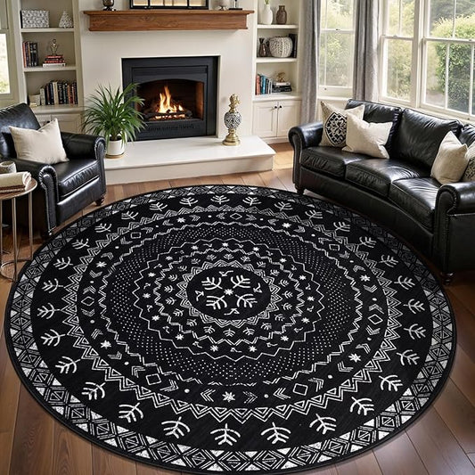 SERISSA Round Area Rug, 8ft Washable Non-Slip Black and White Boho Circle Rug, Soft Low-Pile Geometric Indoor Large Circular Carpet for Bedroom Entryway Living Room Dining Room
