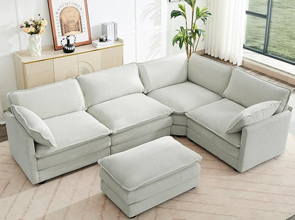 ROWHY 113'' Sectional Cloud Couch, 5 Seater Modular Corner L Shape Sofa Big Comfy Corduroy Oversized Couch with 2 Pillows Movable Ottoman, Deep Seat Sectional Couches for Living Room Office Light Grey | Pet-Friendly Fabric