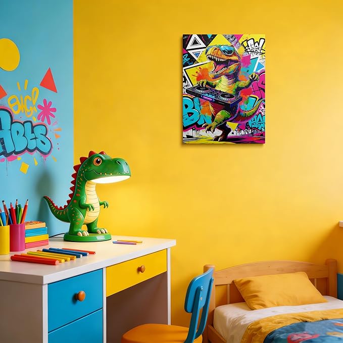 12x16 Inch Graffiti DJ Dinosaur Canvas Wall Art Prints, Colorful Music T-Rex with Turntable & Sunglasses Pop Decor, Vibrant Street Wall Photo for Teen Boy Game/Living Room, Funny Kids Bedroom Poster