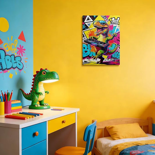 12x16 Inch Graffiti DJ Dinosaur Canvas Wall Art Prints, Colorful Music T-Rex with Turntable & Sunglasses Pop Decor, Vibrant Street Wall Photo for Teen Boy Game/Living Room, Funny Kids Bedroom Poster