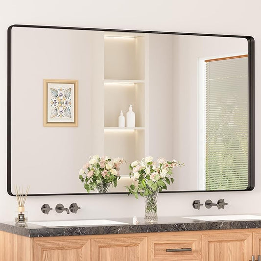 Keonjinn Black Bathroom Mirrors for Over Sink, 60 x 36 Inch Large Matte Black Mirror for Vanity, Rounded Rectangle Sandblasted Finish Farmhouse Mirror, HD Tempered Glass Modern Decorative Mirror