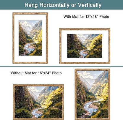 iRahmen 16x24 Picture Frame Set of 2 with Plexiglass, Display 12x18 Picture with Mat or 16 x 24 Without Mat, Rustic Brown Wood Poster Frame for Photo Wall Gallery Mounting Horizontal and Vertical