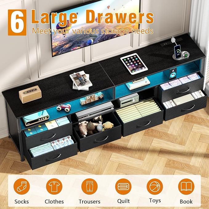 Furologee 63 Inch Entertainment Center Dresser for Bedroom, TV Stand for 65 70 Inch TVs, 6 Drawers Dresser with Power Outlets and LED Lights, Media Console with PU Leather Surface for Living Room