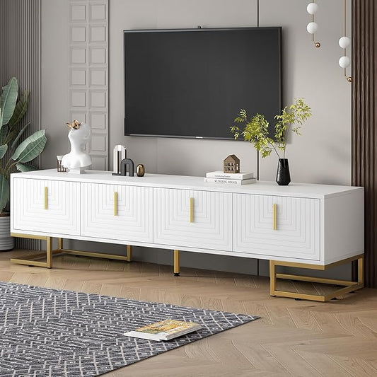 Merax Modern TV Stand with Metal Legs, Gold Handles, Geometric Lines and Adjustable Shelves for TVs Up to 80'', Media Console Table, Luxury Storage Cabinets for Living Room, White