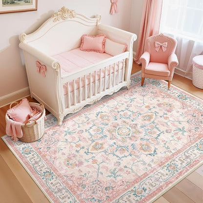 CAPALOCA Machine Washable Rugs Nursery Rug 3x5 Cute Girl Non Slip Low Pile Water Repellent Soft Print Pattern for Bedroom Indoor Decor Kids Playroom Pink Teal