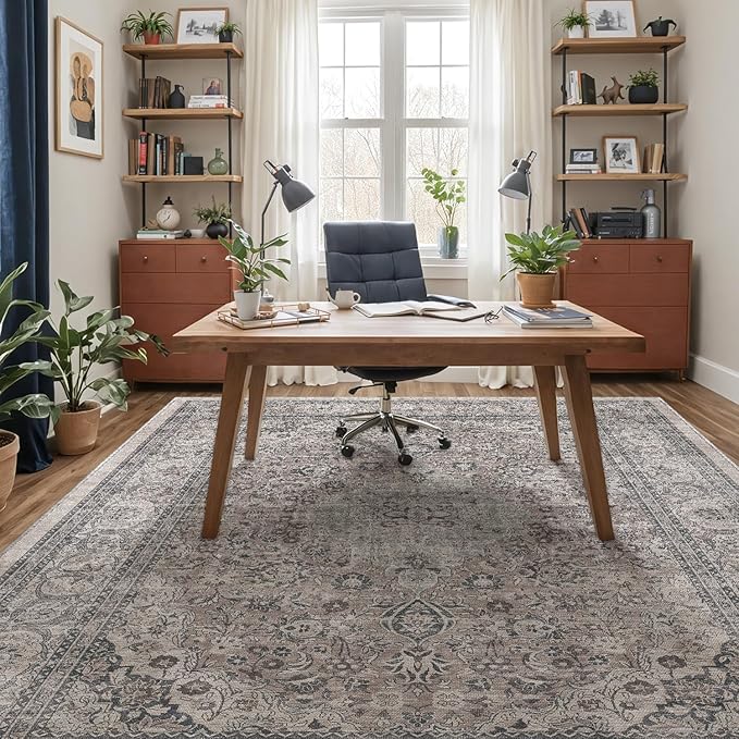 DEXI Area Rugs for Living Room, 8x10 Washable Low Pile Floral Rug for Bedroom, Non Slip Large Indoor Carpet for Dining Office Nursery, Grey