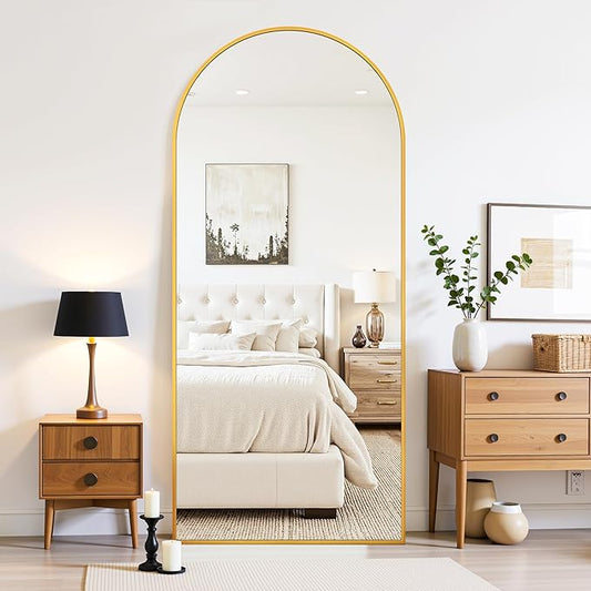 71"×32" Arched Full Length Floor Mirror, Standing Mirror with Aluminum Frame, Large Body Mirror of Free Standing/Wall Mount/Leaning for Bedroom, Living Room, Dressing Room, Gold