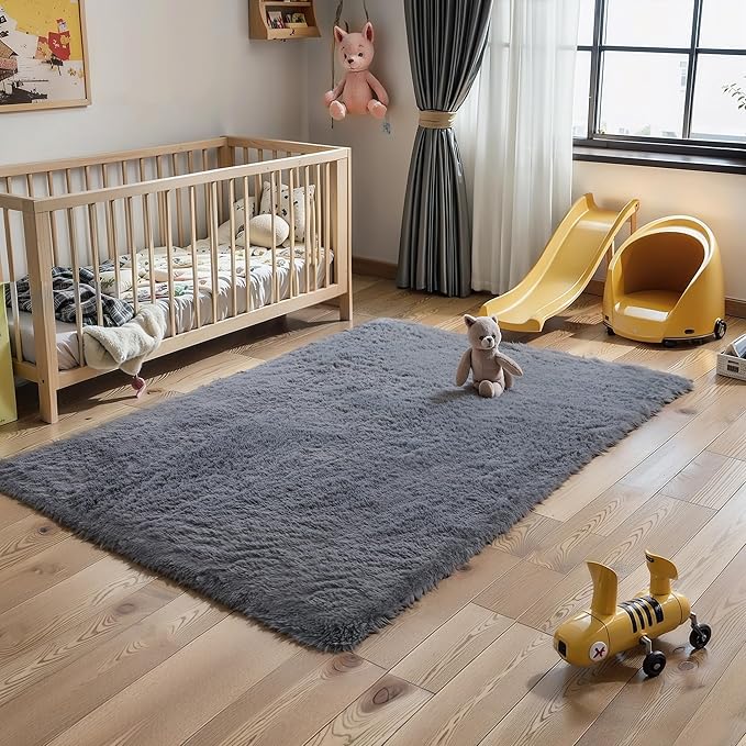 KICHOWUA 4x6 Grey Fluffy Shag Rug for Bedroom, Soft Plush Fuzzy Washable Non Slip Carpet for Living Room, Gray Modern Floor Cozy Furry Shaggy Throw Area Rugs for Kids Boys Baby Nursery Dorm Room