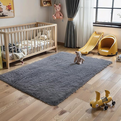KICHOWUA 4x6 Grey Fluffy Shag Rug for Bedroom, Soft Plush Fuzzy Washable Non Slip Carpet for Living Room, Gray Modern Floor Cozy Furry Shaggy Throw Area Rugs for Kids Boys Baby Nursery Dorm Room