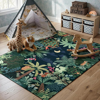 LIVEBOX Washable Jungle Dark Green Rug 5x7 for Living Room, Non-Slip Kids Bedroom Aesthetic Rug for Boy Play Room, Soft Stain Resistant Botanical Rugs for Nursery Dining Decor