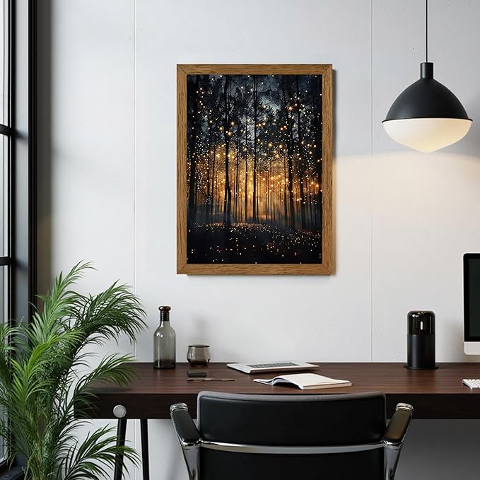 JLTULT Framed Enchanted Forest Firefly Canvas Wall Art, Dark Twilight Landscape Wall Decor, Rustic Botanical Nature Tree Art Prints for Bedroom Living Room Office Decoration 16x24 inch Easy to Hang
